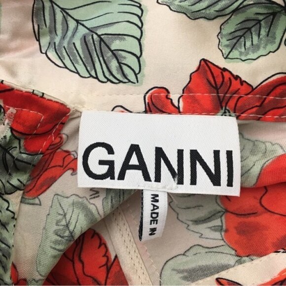 Ganni Rose Print Oversized Tie-Neck Stretch-Silk Blouse - Picture 12 of 15
